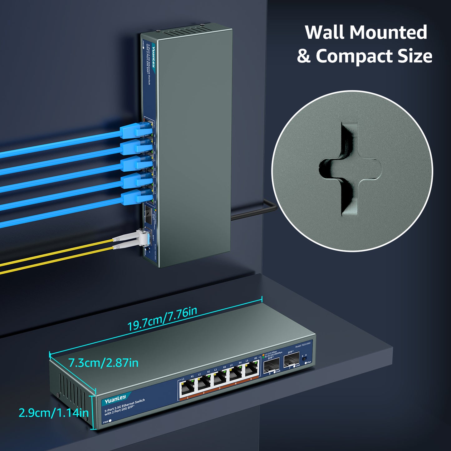 7 Port 2.5G Unmanaged Ethernet Switch, 5 x 2.5G Base-T Ports, 2 x 10G SFP, Compatible with 100/1000/2500Mbps, VLAN, Fanless, Desktop/Wall Mount YuanLey 2.5Gbe Network Switch for Wireless AP, NAS, PC