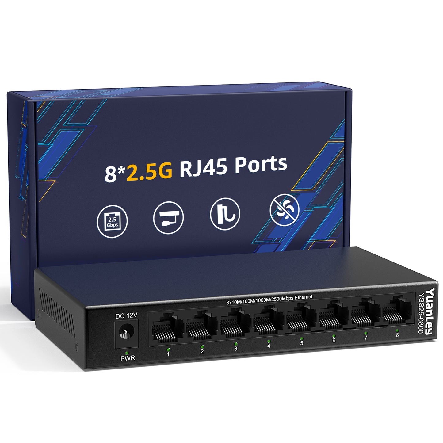 YuanLey 8 Port 2.5G Ethernet Switch, Multi-Gig 2.5Gbps Network Switch Unmanaged with 8 x 2.5GbE RJ45 Ports, Plug & Play, Desktop/Wall Mount, Fanless Metal LAN Switch for NAS, WiFi 6 AP