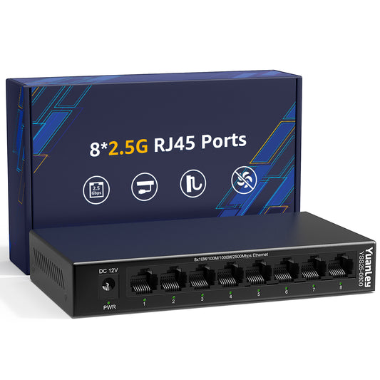 YuanLey 8 Port 2.5G Ethernet Switch, Multi-Gig 2.5Gbps Network Switch Unmanaged with 8 x 2.5GbE RJ45 Ports, Plug & Play, Desktop/Wall Mount, Fanless Metal LAN Switch for NAS, WiFi 6 AP