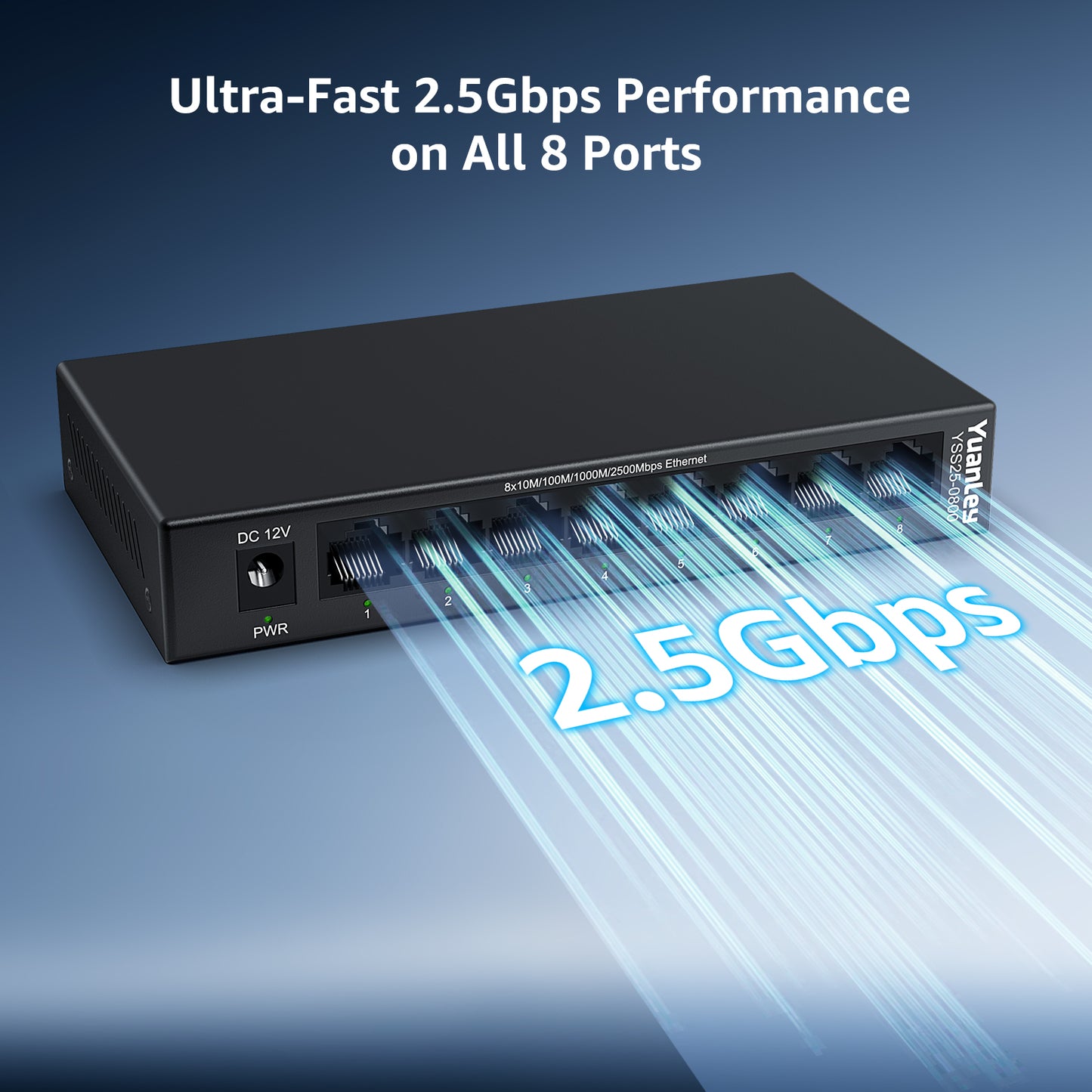 YuanLey 8 Port 2.5G Ethernet Switch, Multi-Gig 2.5Gbps Network Switch Unmanaged with 8 x 2.5GbE RJ45 Ports, Plug & Play, Desktop/Wall Mount, Fanless Metal LAN Switch for NAS, WiFi 6 AP