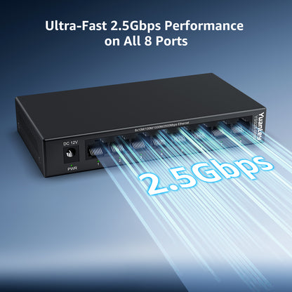 YuanLey 8 Port 2.5G Ethernet Switch, Multi-Gig 2.5Gbps Network Switch Unmanaged with 8 x 2.5GbE RJ45 Ports, Plug & Play, Desktop/Wall Mount, Fanless Metal LAN Switch for NAS, WiFi 6 AP