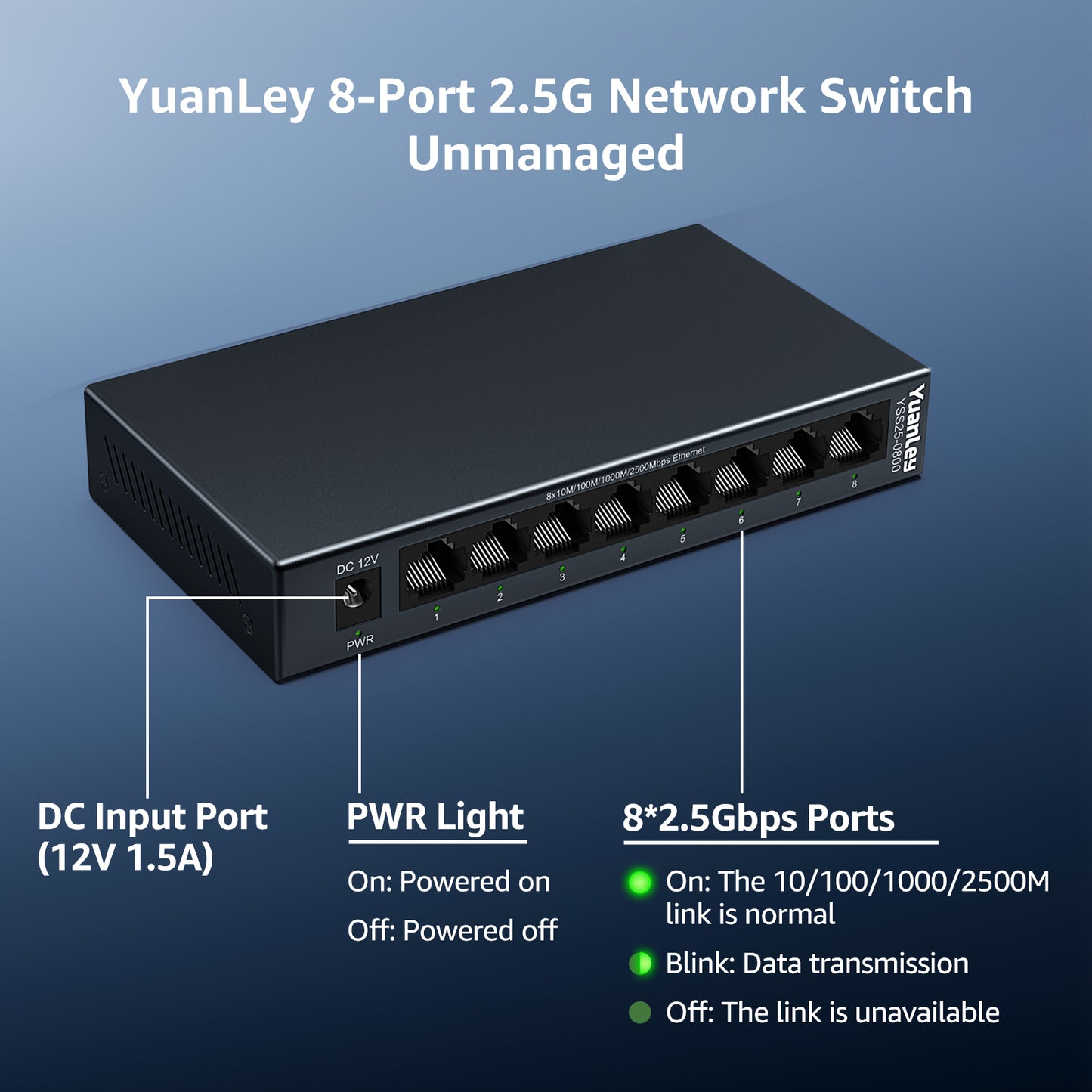 YuanLey 8 Port 2.5G Ethernet Switch, Multi-Gig 2.5Gbps Network Switch Unmanaged with 8 x 2.5GbE RJ45 Ports, Plug & Play, Desktop/Wall Mount, Fanless Metal LAN Switch for NAS, WiFi 6 AP