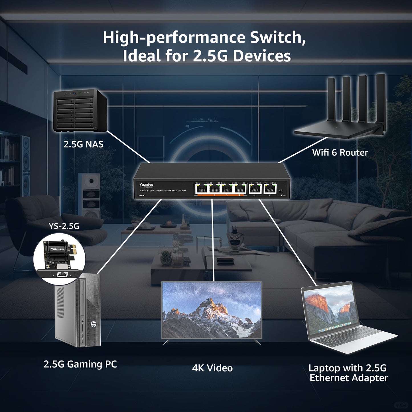 YuanLey 8 Port 2.5G Ethernet Switch, Multi-Gig 2.5Gbps Network Switch Unmanaged with 8 x 2.5GbE RJ45 Ports, Plug & Play, Desktop/Wall Mount, Fanless Metal LAN Switch for NAS, WiFi 6 AP