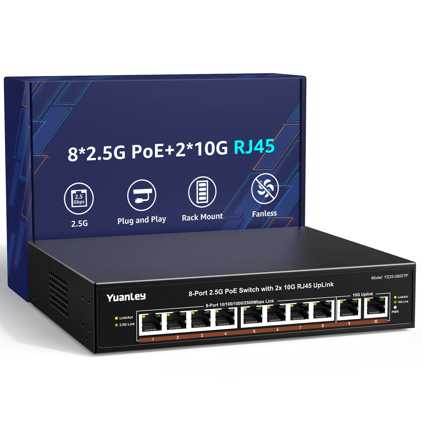 YuanLey 8 Port 2.5G PoE Switch Unmanaged, 8 x 2.5G Base-T PoE Ports, 2X 10G RJ45 UpLink,120W PoE Budget, Metal Fanless, 10 Port 2.5Gbe/10G PoE Ethernet Switch for NAS, Gaming PC, AP