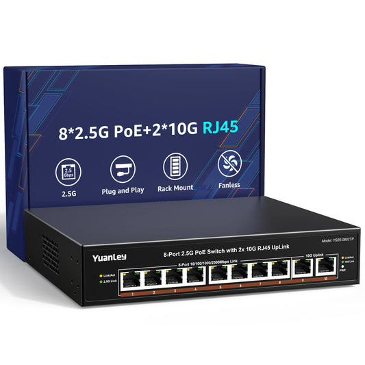 YuanLey 8 Port 2.5G PoE Switch Unmanaged, 8 x 2.5G Base-T PoE Ports, 2X 10G RJ45 UpLink,120W PoE Budget, Metal Fanless, 10 Port 2.5Gbe/10G PoE Ethernet Switch for NAS, Gaming PC, AP