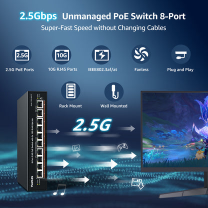 YuanLey 8 Port 2.5G PoE Switch Unmanaged, 8 x 2.5G Base-T PoE Ports, 2X 10G RJ45 UpLink,120W PoE Budget, Metal Fanless, 10 Port 2.5Gbe/10G PoE Ethernet Switch for NAS, Gaming PC, AP