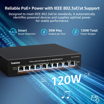 YuanLey 8 Port 2.5G PoE Switch Unmanaged, 8 x 2.5G Base-T PoE Ports, 2X 10G RJ45 UpLink,120W PoE Budget, Metal Fanless, 10 Port 2.5Gbe/10G PoE Ethernet Switch for NAS, Gaming PC, AP