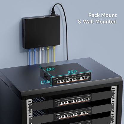 YuanLey 8 Port 2.5G PoE Switch Unmanaged, 8 x 2.5G Base-T PoE Ports, 2X 10G RJ45 UpLink,120W PoE Budget, Metal Fanless, 10 Port 2.5Gbe/10G PoE Ethernet Switch for NAS, Gaming PC, AP