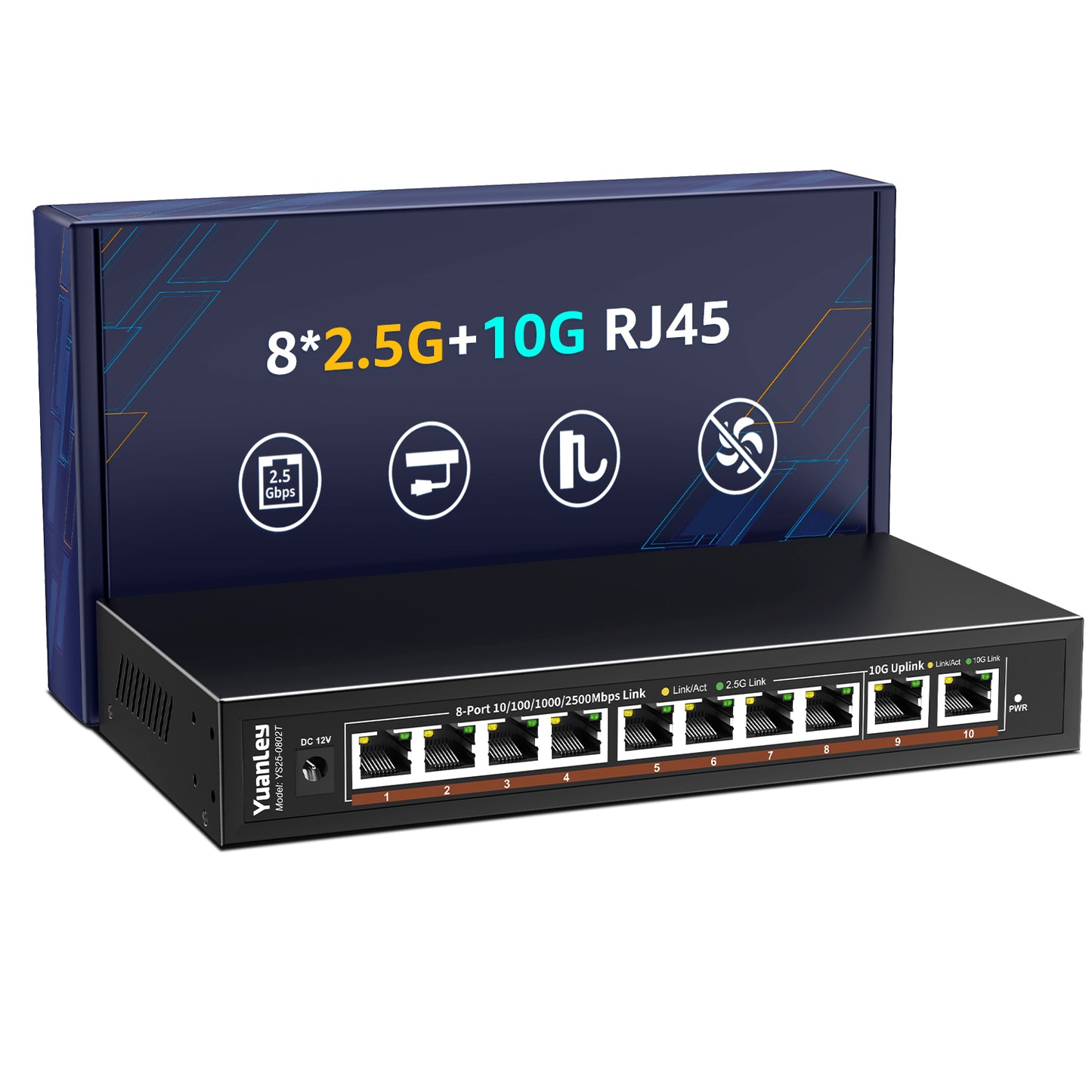 10 Port 10G Ethernet Switch Unmanaged, 8 x 2.5G Base-T Ports, 2 x 10Gb RJ45 Ports, Compatible with 100/1000/2500Mbps, Metal Case Fanless, YuanLey 2.5Gbe Network Switch for 2.5G/10G NAS, Wireless AP