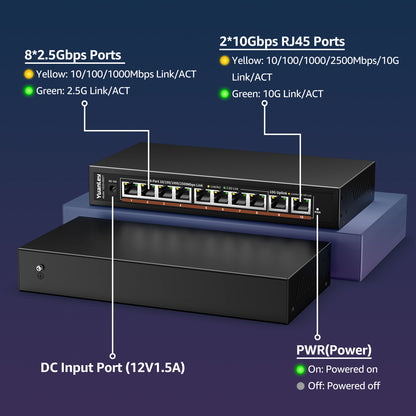 10 Port 10G Ethernet Switch Unmanaged, 8 x 2.5G Base-T Ports, 2 x 10Gb RJ45 Ports, Compatible with 100/1000/2500Mbps, Metal Case Fanless, YuanLey 2.5Gbe Network Switch for 2.5G/10G NAS, Wireless AP