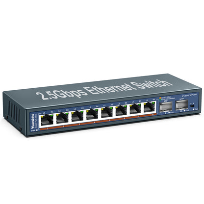 10 Port 2.5G Unmanaged Ethernet Switch, 8 x 2.5G Base-T Ports, 2 x 10G SFP, Compatible with 100/1000/2500Mbps, VLAN, Fanless, Desktop/Wall Mount YuanLey 2.5Gbe Network Switch for Wireless AP, NAS, PC