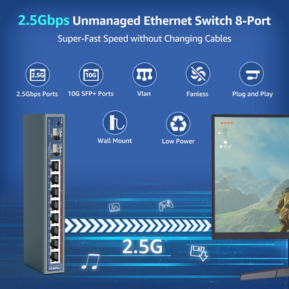 10 Port 2.5G Unmanaged Ethernet Switch, 8 x 2.5G Base-T Ports, 2 x 10G SFP, Compatible with 100/1000/2500Mbps, VLAN, Fanless, Desktop/Wall Mount YuanLey 2.5Gbe Network Switch for Wireless AP, NAS, PC