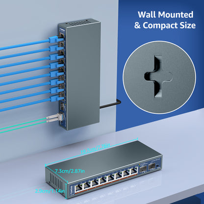 10 Port 2.5G Unmanaged Ethernet Switch, 8 x 2.5G Base-T Ports, 2 x 10G SFP, Compatible with 100/1000/2500Mbps, VLAN, Fanless, Desktop/Wall Mount YuanLey 2.5Gbe Network Switch for Wireless AP, NAS, PC