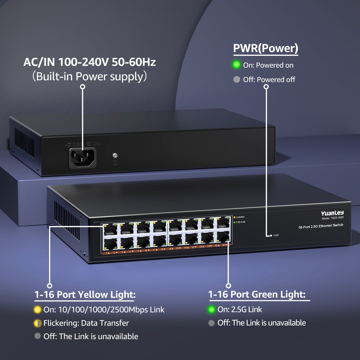 YuanLey 16 Port 2.5GB Umanaged Ethernet Switch, 16 x 2.5G Base-T Ports, Compatible with 100/1000/2500Mbps, Metal Fanless, Desktop/Rack Mount YuanLey 2.5 Gigabit Network Switch for Wireless AP, PC