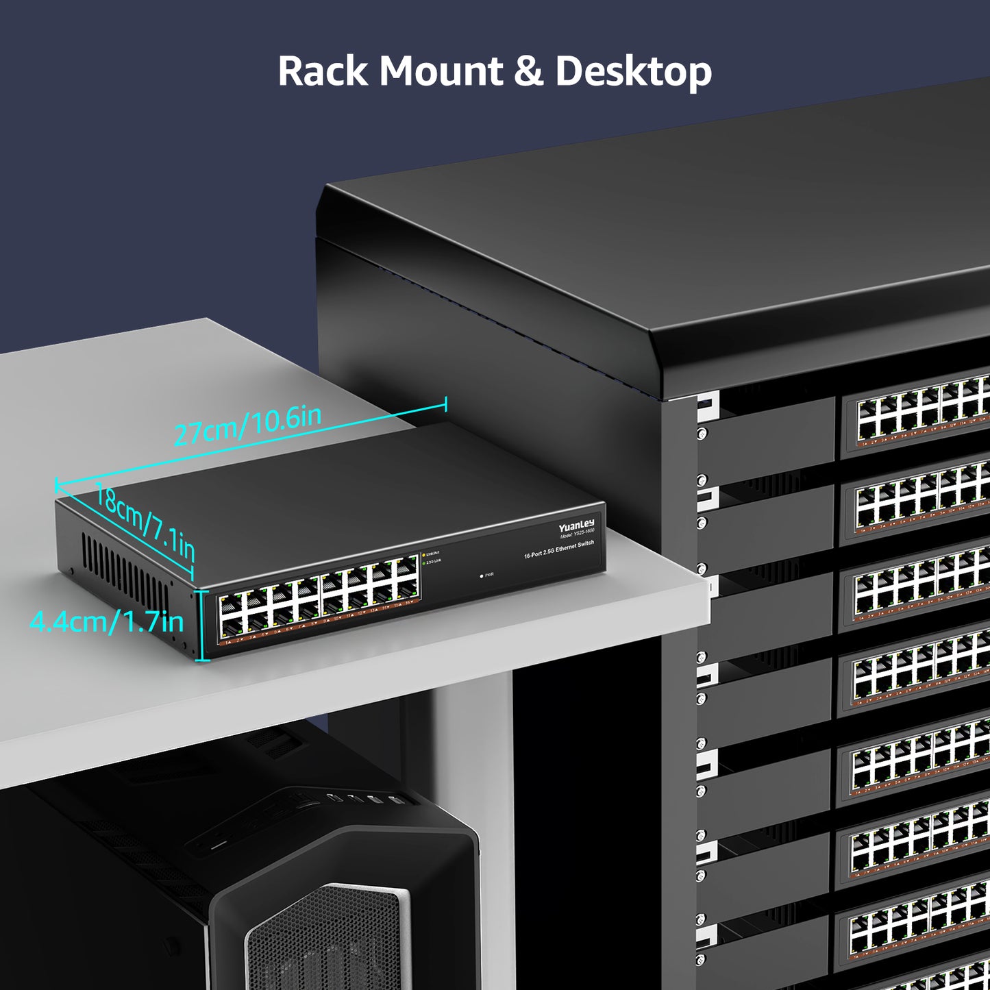 YuanLey 16 Port 2.5GB Umanaged Ethernet Switch, 16 x 2.5G Base-T Ports, Compatible with 100/1000/2500Mbps, Metal Fanless, Desktop/Rack Mount YuanLey 2.5 Gigabit Network Switch for Wireless AP, PC