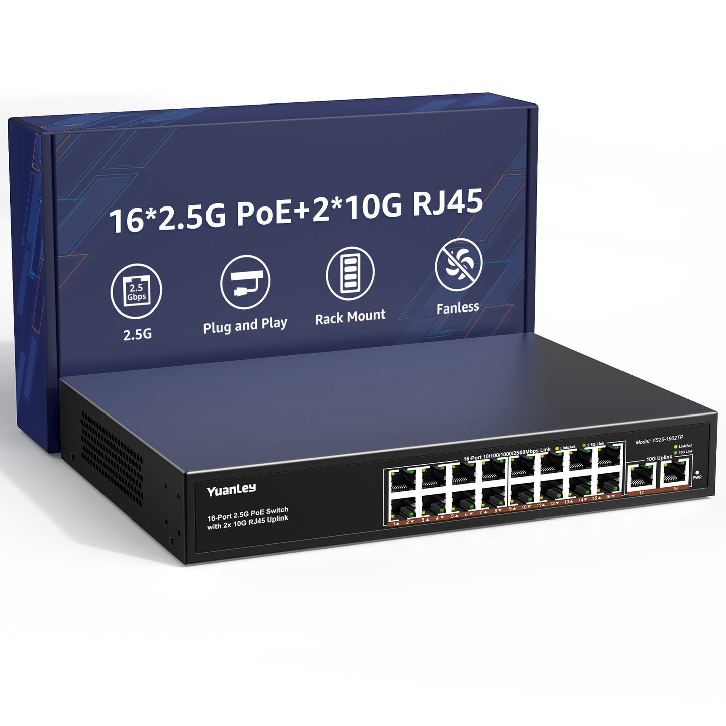 YuanLey 18 Port 2.5G PoE Switch Unmanaged, 16 x 2.5GbE PoE Ports, 2 x 10G RJ45 Uplink, 250W, Multi-Gigabit Ethernet PoE Switch, IEEE 802.3af/at, Fanless Metal, for IP Camera, WiFi 6 AP, NAS, Gaming