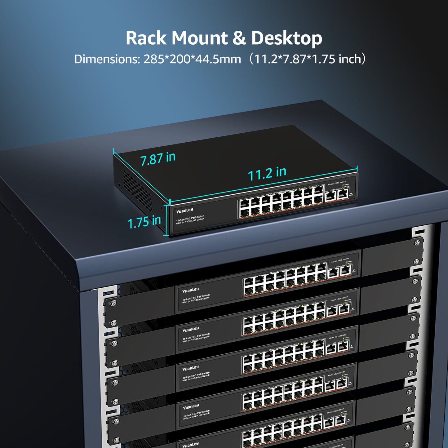 YuanLey 18 Port 2.5G PoE Switch Unmanaged, 16 x 2.5GbE PoE Ports, 2 x 10G RJ45 Uplink, 250W, Multi-Gigabit Ethernet PoE Switch, IEEE 802.3af/at, Fanless Metal, for IP Camera, WiFi 6 AP, NAS, Gaming