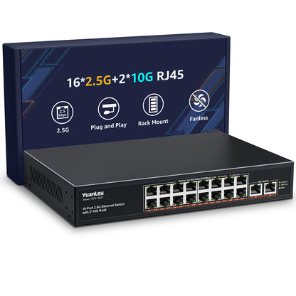 YuanLey 18 Port Unmanaged 2.5G Ethernet Switch, 16 x 2.5G Base-T Ports and 2 x 10G RJ45 Ports, Metal Multi-Gigabit Network Switch Compatible with 100/1000/2500Mbps, Ideal for 2.5G/10G NAS, WiFi 6 AP