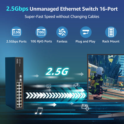 YuanLey 18 Port Unmanaged 2.5G Ethernet Switch, 16 x 2.5G Base-T Ports and 2 x 10G RJ45 Ports, Metal Multi-Gigabit Network Switch Compatible with 100/1000/2500Mbps, Ideal for 2.5G/10G NAS, WiFi 6 AP