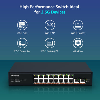 YuanLey 18 Port Unmanaged 2.5G Ethernet Switch, 16 x 2.5G Base-T Ports and 2 x 10G RJ45 Ports, Metal Multi-Gigabit Network Switch Compatible with 100/1000/2500Mbps, Ideal for 2.5G/10G NAS, WiFi 6 AP