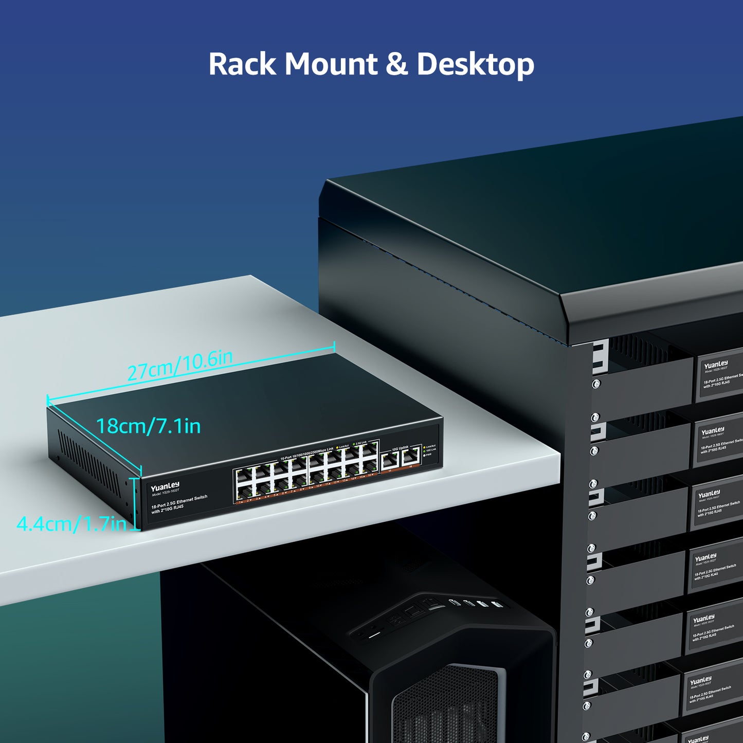 YuanLey 18 Port Unmanaged 2.5G Ethernet Switch, 16 x 2.5G Base-T Ports and 2 x 10G RJ45 Ports, Metal Multi-Gigabit Network Switch Compatible with 100/1000/2500Mbps, Ideal for 2.5G/10G NAS, WiFi 6 AP