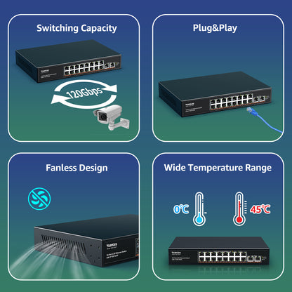 YuanLey 18 Port Unmanaged 2.5G Ethernet Switch, 16 x 2.5G Base-T Ports and 2 x 10G RJ45 Ports, Metal Multi-Gigabit Network Switch Compatible with 100/1000/2500Mbps, Ideal for 2.5G/10G NAS, WiFi 6 AP