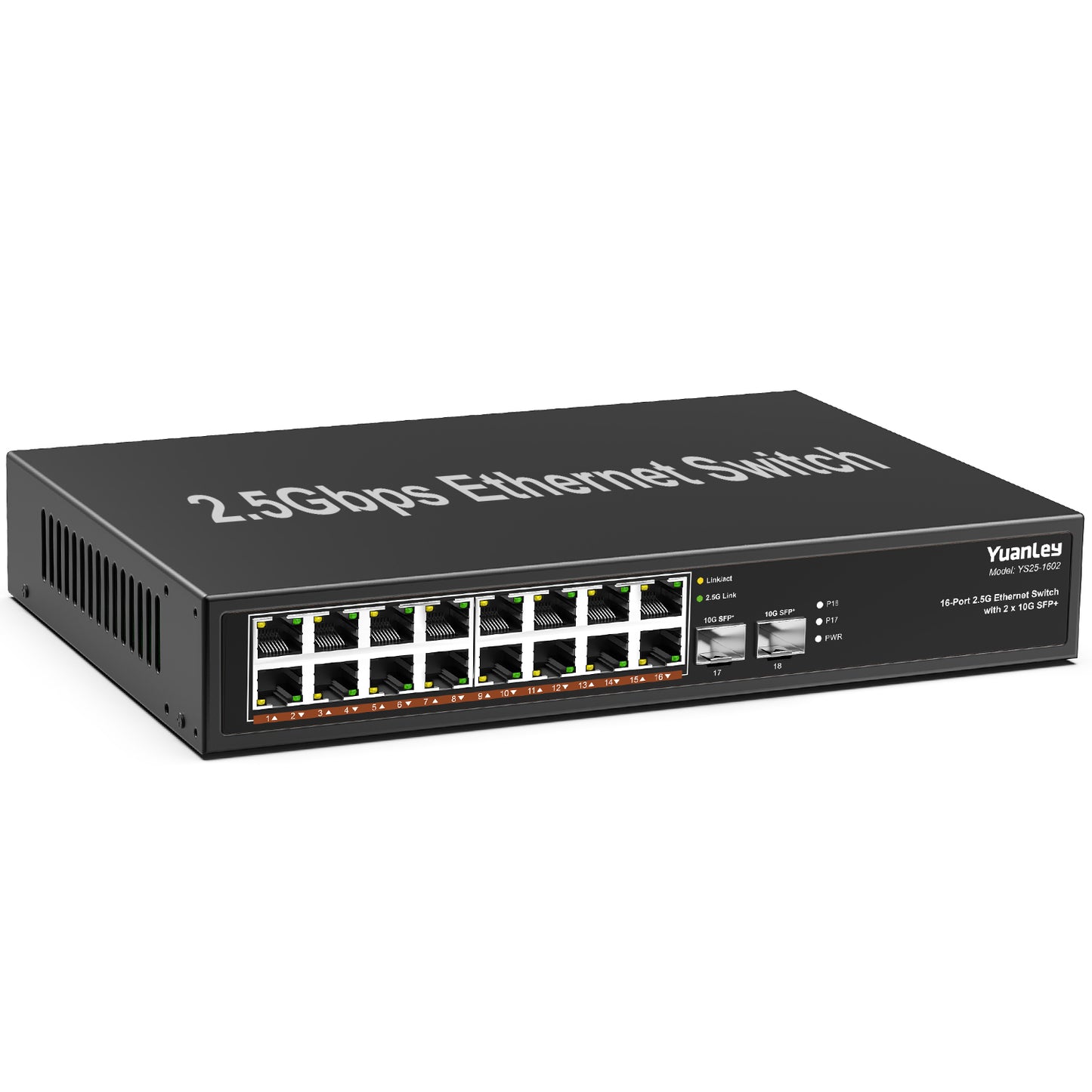 18 Port 2.5G Umanaged Ethernet Switch, 16 x 2.5Gb Base-T Ports, 2 x 10G SFP+, Compatible with 100/1000/2500Mbps, Metal Fanless, Desktop/Rack Mount YuanLey 2.5Gbe Network Switch for Wireless AP, PC