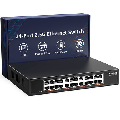 YuanLey 24-Port 2.5G Ethernet Switch, Unmanaged 2.5Gbps Network Switch with 24×2.5G RJ45 Ports, 120Gbps Switching Capacity, Fanless Metal Design, Desktop/Rackmount 2.5G Switch for NAS, PC & WiFi 6 AP