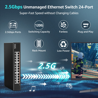YuanLey 24-Port 2.5G Ethernet Switch, Unmanaged 2.5Gbps Network Switch with 24×2.5G RJ45 Ports, 120Gbps Switching Capacity, Fanless Metal Design, Desktop/Rackmount 2.5G Switch for NAS, PC & WiFi 6 AP
