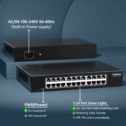 YuanLey 24-Port 2.5G Ethernet Switch, Unmanaged 2.5Gbps Network Switch with 24×2.5G RJ45 Ports, 120Gbps Switching Capacity, Fanless Metal Design, Desktop/Rackmount 2.5G Switch for NAS, PC & WiFi 6 AP