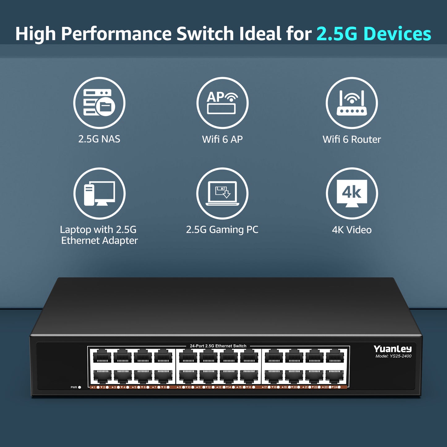 YuanLey 24-Port 2.5G Ethernet Switch, Unmanaged 2.5Gbps Network Switch with 24×2.5G RJ45 Ports, 120Gbps Switching Capacity, Fanless Metal Design, Desktop/Rackmount 2.5G Switch for NAS, PC & WiFi 6 AP