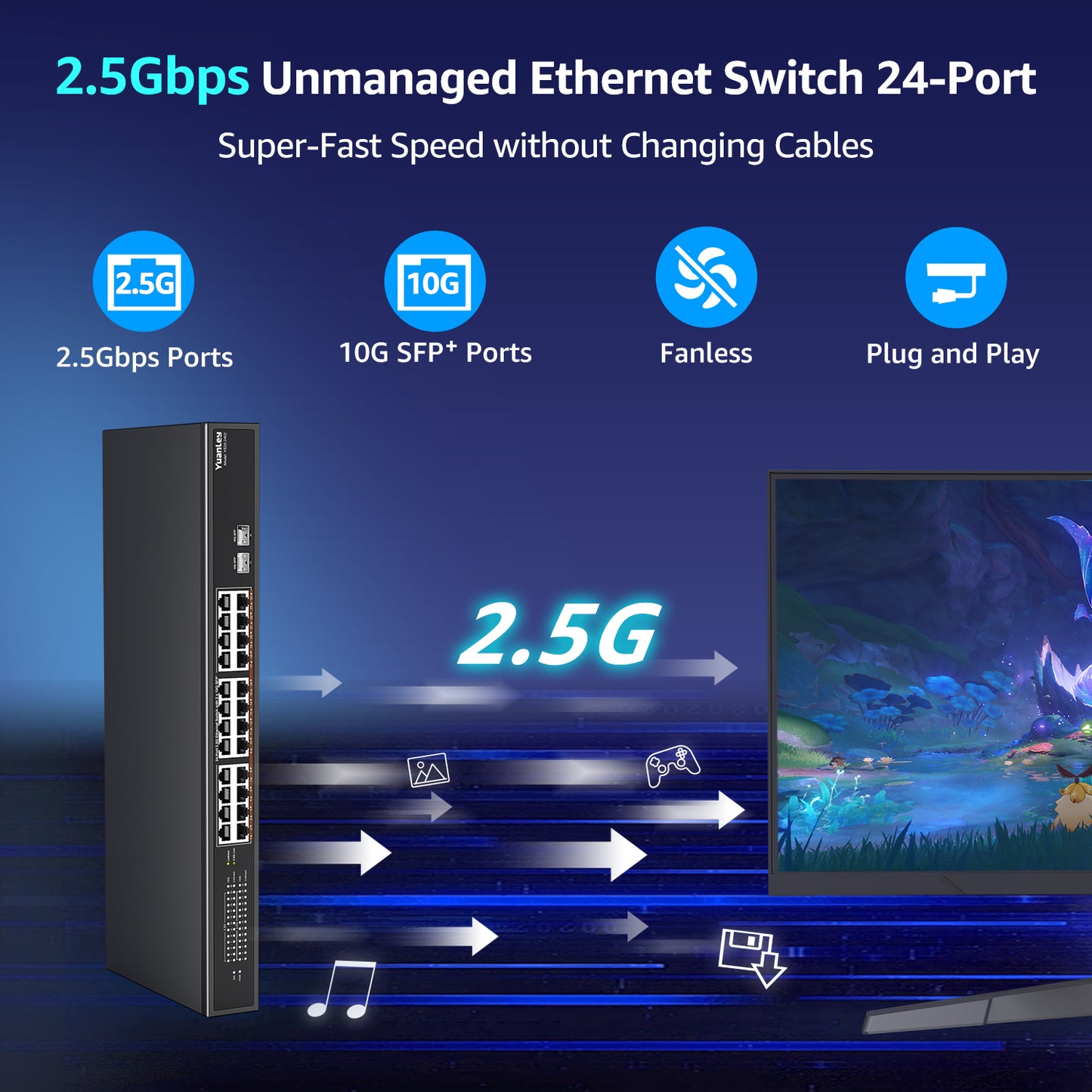 26 Port 2.5G Umanaged Ethernet Switch, 24 x 2.5Gb Base-T Ports, 2 x 10G SFP+, Compatible with 100/1000/2500Mbps, Metal Fanless, Desktop/Rack Mount YuanLey 2.5Gbe Network Switch for Wireless AP, PC