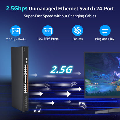 26 Port 2.5G Umanaged Ethernet Switch, 24 x 2.5Gb Base-T Ports, 2 x 10G SFP+, Compatible with 100/1000/2500Mbps, Metal Fanless, Desktop/Rack Mount YuanLey 2.5Gbe Network Switch for Wireless AP, PC