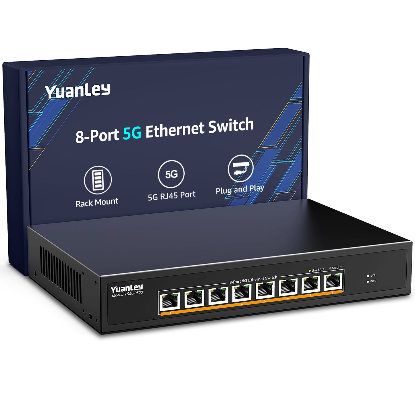 YuanLey 8-Port 5G Ethernet Switch, 8 x 5Gbps RJ45 Ports, Support 5G/2.5G/1G/100Mbps Speed Auto-Negotiation, 80Gbps Switching Capacity, Unmanaged Switch Rackmountable, Plug and Play