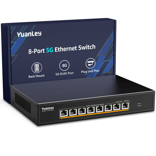 YuanLey 8-Port 5G Ethernet Switch, 8 x 5Gbps RJ45 Ports, Support 5G/2.5G/1G/100Mbps Speed Auto-Negotiation, 80Gbps Switching Capacity, Unmanaged Switch Rackmountable, Plug and Play
