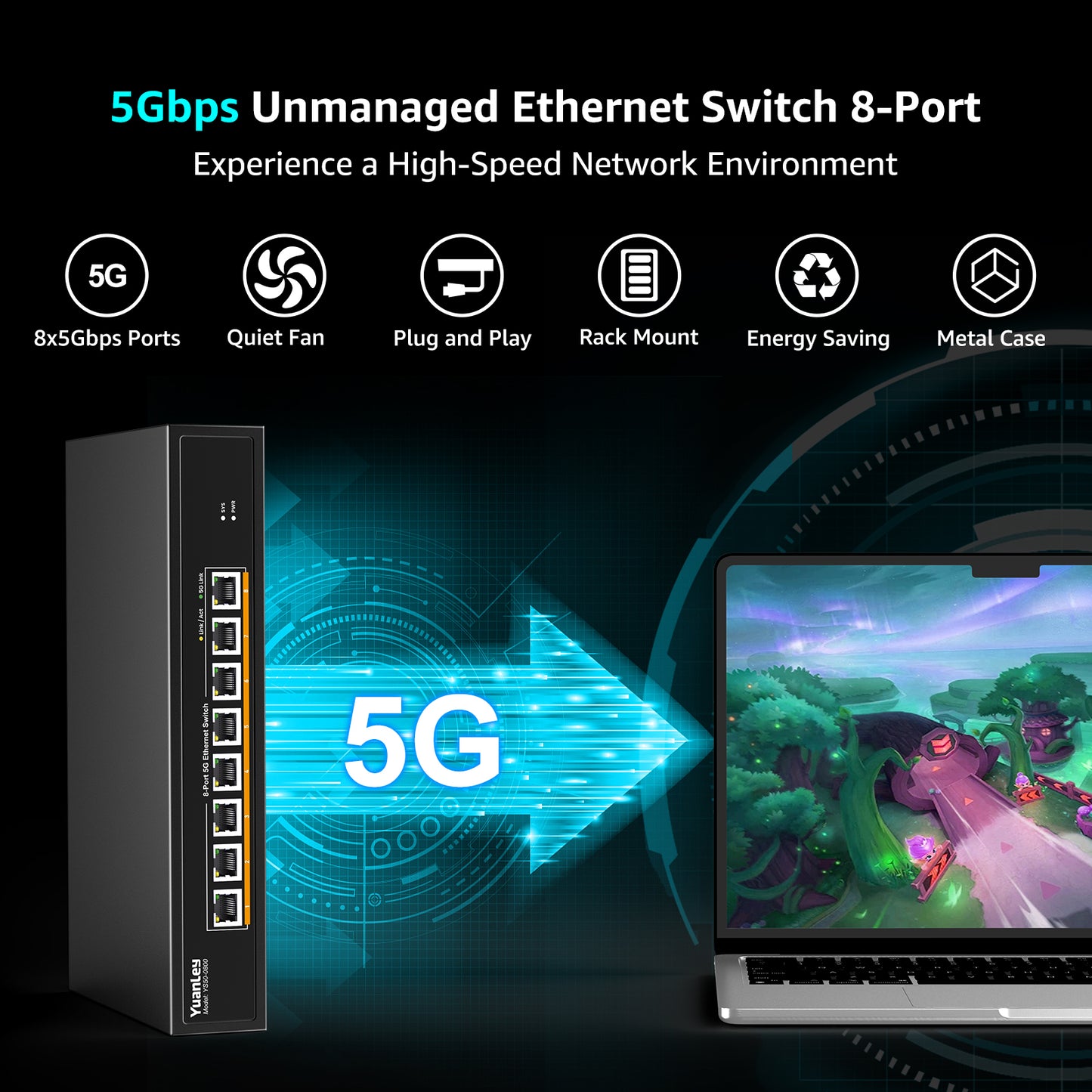 YuanLey 8-Port 5G Ethernet Switch, 8 x 5Gbps RJ45 Ports, Support 5G/2.5G/1G/100Mbps Speed Auto-Negotiation, 80Gbps Switching Capacity, Unmanaged Switch Rackmountable, Plug and Play