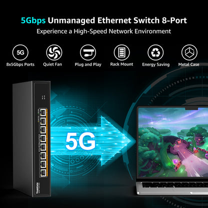 YuanLey 8-Port 5G Ethernet Switch, 8 x 5Gbps RJ45 Ports, Support 5G/2.5G/1G/100Mbps Speed Auto-Negotiation, 80Gbps Switching Capacity, Unmanaged Switch Rackmountable, Plug and Play